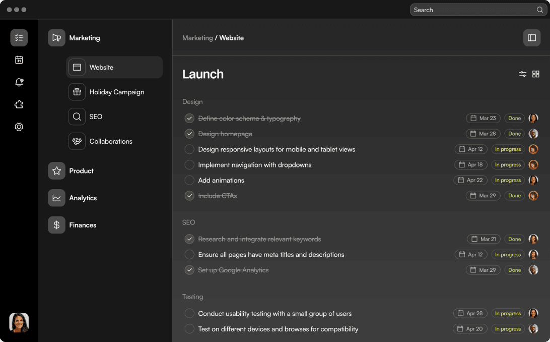 The product dashboard